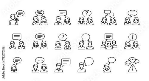 Diverse group of people engaged in communication, represented by a thin line icon set featuring speech bubbles, question marks, and exclamation points, ideal for graphic and web design, apps