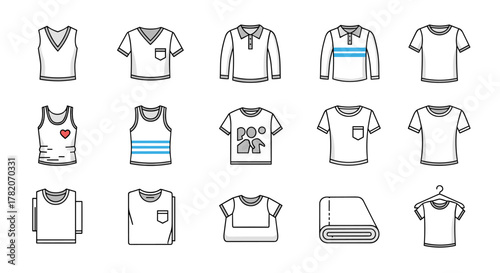 Collection of 15 thin line icons representing various t-shirt styles and clothing items, including sleeveless tops, short-sleeved shirts, polo shirts, folded garments, and a t-shirt on a hanger, all