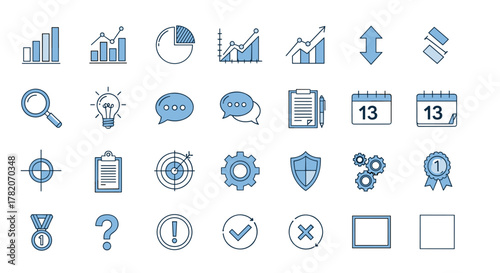Collection of simple, flat design icons in blue and white, perfect for presentations, infographics, articles, books, flyers, and banners, featuring elements like charts, graphs, search magnifying