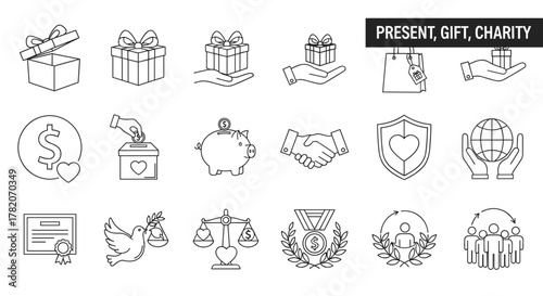 Present, Gift, Charity Credit Line Icon Pack: Outline Signs for Graphic and Web Design, Apps, Advertisements, Various Cards, Vector Cartoon Illustration with a White Background, symbolizing