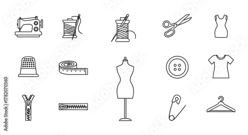 A collection of clean, minimalist outline-style icons representing sewing and garment-related tools and items, perfect for design projects, cards, apps, and social networks. This vector cartoon