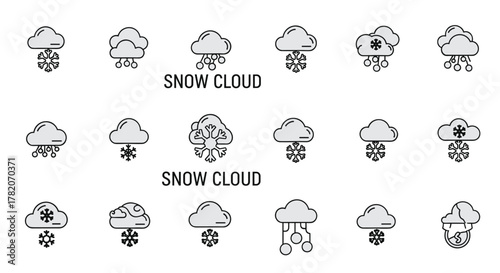 Collection of minimalistic snow cloud icons for web and graphic design, apps, banners, social networks, and cards, featuring various snowflake and precipitation styles, presented as vector cartoon