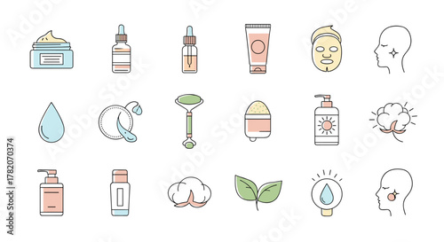 A vibrant and minimalistic collection of linear pictograms representing a skin care line, perfect for web and graphic design, apps, banners, social networks, and cards. This vector cartoon