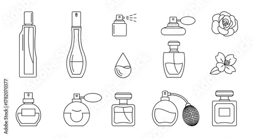 Collection of minimalist linear icons representing various perfume bottles, atomizers, and floral elements, symbolizing fragrance, beauty, and elegance. This vector set is perfect for web design