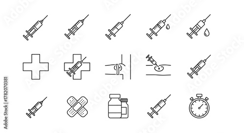 Set of medical icons featuring syringes, crosses, bandages, vials, and a stopwatch, presented in a clean, line-art style on a white background, perfect for healthcare graphics, apps, and concept