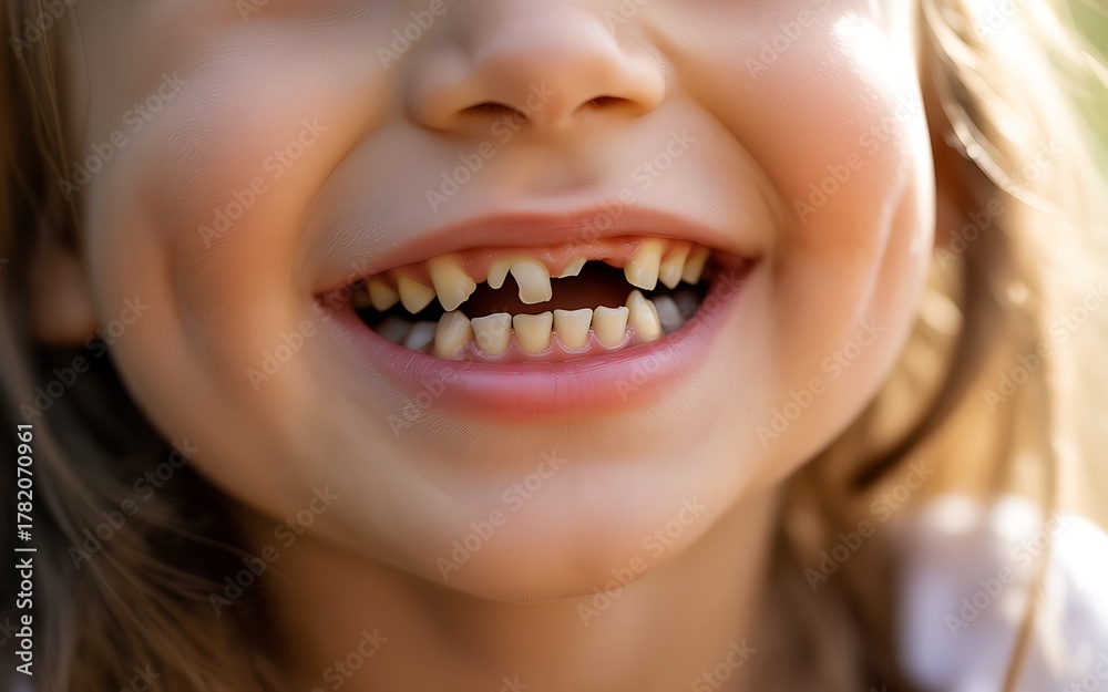 Obraz premium Little girls wide smile showing missing front teeth child dentistry concept