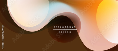 Abstract shapes overlap, creating warm color gradients. Design features flowing curves, soft shadows, modern aesthetic. Background is dark.