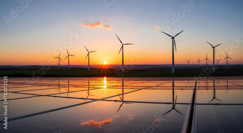 Sunset over a vast renewable energy landscape, showcasing modern wind turbines and reflective solar panels, symbolizing a greener, sustainable future
