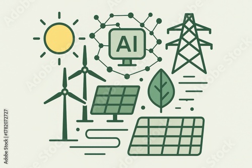 Innovative Renewable Energy Icons Illustrating Sustainable Technologies Empowered by Artificial Intelligence and Eco-Friendly Solutions for a Greener Future captured with clarity