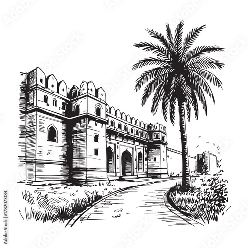 Black and white sketch of an ancient fort entrance with a palm tree architecture gate