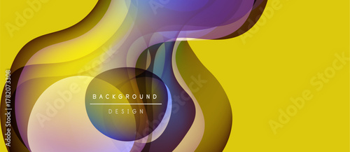 Abstract fluid shapes overlap, creating vibrant color gradients. Yellow background emphasizes flowing design elements, modern aesthetic.