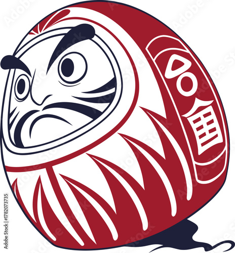 daruma doll with expressive face flame patterns and coin symbol in traditional japanese style