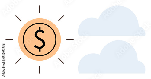 Dollar coin radiates light thumbs up the sun, paired with passing clouds representing clarity in finance, prosperity, and economic change. Ideal for finance, wealth, optimism, business, savings