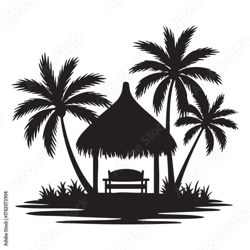 Black silhouette of a thatched hut with a bench and palm trees white thatched roof