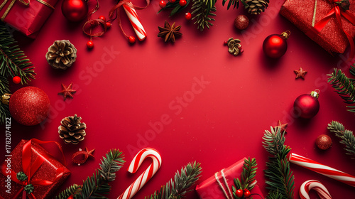 A festive Christmas decoration frame with delicate snowflakes, a red background, and red  ornaments on the sides, arranged in a flat lay, top view style with plenty of space for your holiday 