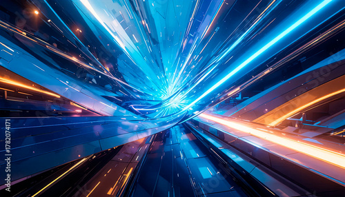 An abstract image with a futuristic composition featuring geometric shapes and dynamic lighting in cool shades of blue, violet, light blue and gold.