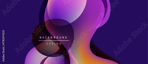Abstract fluid shapes, purple hues blend into orange. Modern design elements create dynamic visual impact. Background features text labels.