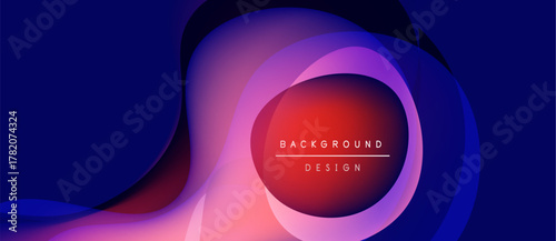 Abstract fluid shapes blend vibrant purple, pink, blue hues. Central oval displays text background design. Modern, dynamic composition.