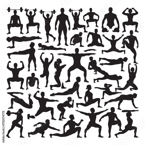 Black silhouettes of people performing various fitness exercises and weightlifting workout