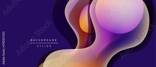 Abstract fluid shapes overlap, creating vibrant purple, orange hues. Modern design element for backgrounds, presentations. Smooth gradients dominate composition.