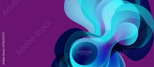 Abstract fluid shapes overlap, creating vibrant color gradients. Purple background complements blue, teal hues. Modern design element.