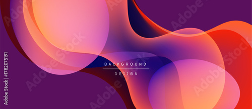 Abstract fluid shapes blend, creating vibrant gradient background. Colors range from deep purple to bright orange, forming dynamic composition.