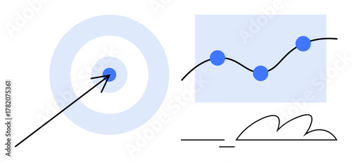 Circular target with an arrow, graph with connected data points, and abstract lines. Ideal for goal setting, data analysis, strategic planning, performance monitoring, success tracking, innovation