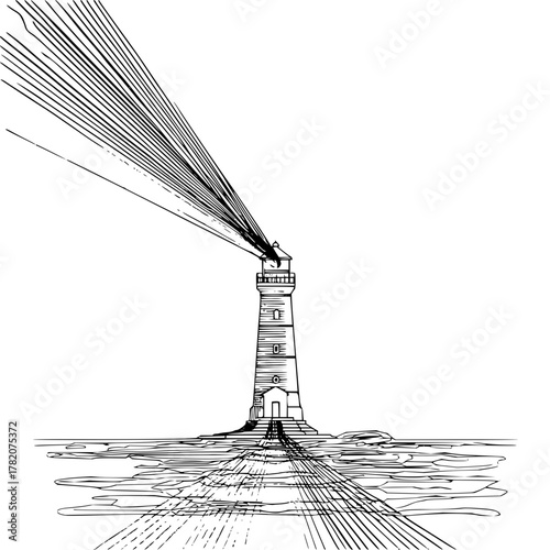 Illustration of a lighthouse with beams of light shining out over the water in a black and white drawing