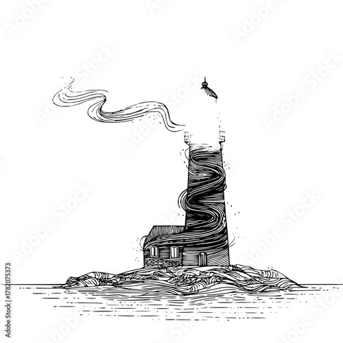 Detailed line art illustration of a lighthouse on a rocky island with swirling smoke effect design