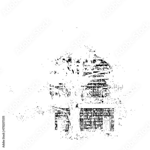 A grayscale illustration of a large tree in front of a building with many bookshelves visible inside