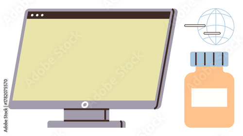 Monitor showing interface, medicine bottle, globe with connections representing online healthcare, digital pharmacy, telemedicine. Ideal for medical services, technology, innovation, e-commerce