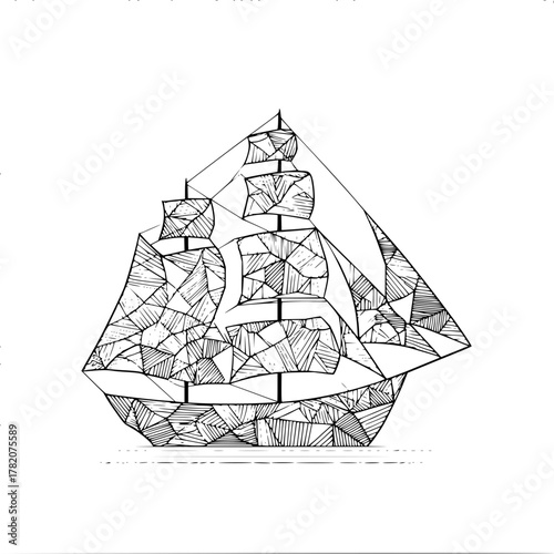 Geometric ship illustration featuring a sailing vessel with intricate triangular patterns and sails design