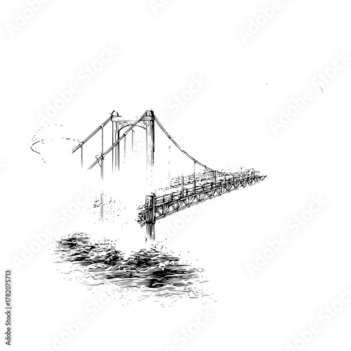 Illustration of a suspension bridge with detailed line work and water underneath the structure seen in monochrome