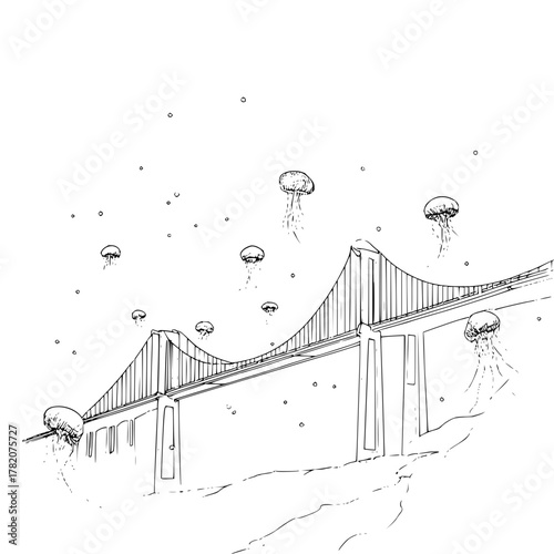 A bridge with jellyfish floating above it in a black and white line art style drawing illustration