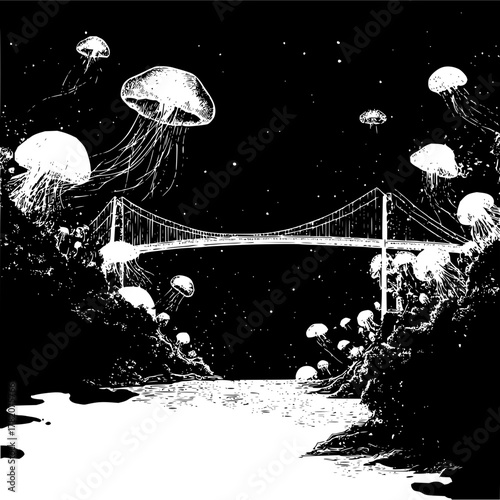 A bridge at night with jellyfish floating above the water and surrounding the bridge structure art