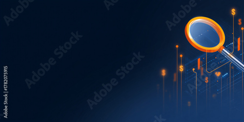 Financial analysis concept, with a magnifying glass hovering over financial charts, emphasizing scrutiny