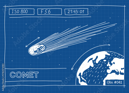 Blue Ballpen Scribble Comet 3I ATLAS Deep Space Visitor Cosmic Object Illustration. Hand Drawn Vintage Scientific Astronomy Art For Social Media Post