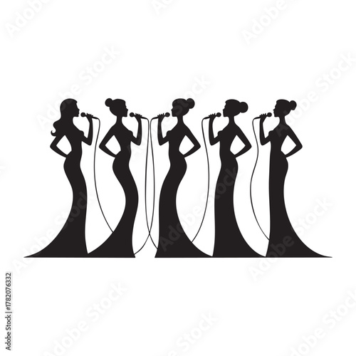 Five black silhouette women in long gowns singing into microphones group