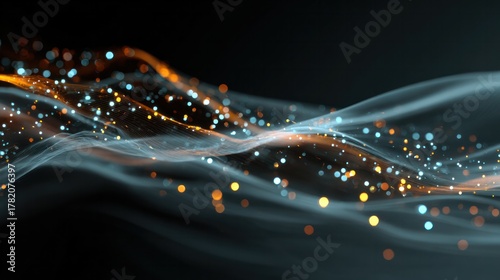 Abstract Futuristic Digital Waves: A captivating display of abstract digital waves, flowing gracefully with vibrant points of light, embodies the essence of modern technology and data flow. 