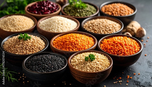 A vibrant assortment of various legumes and grains displayed in rustic wooden bowls, showcasing a diverse range of colors and textures.