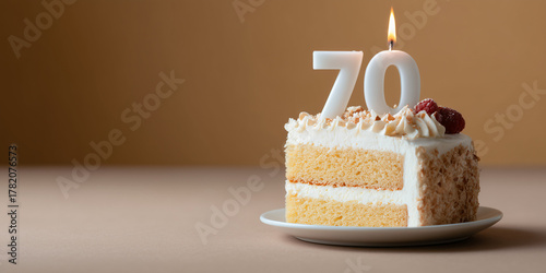 A slice of birthday cake with a candle in the shape of the number 70. This cake is topped with whipped cream, nuts and berries