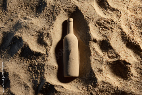 A stylish, singular white wine bottle elegantly resting in the sand