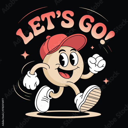 Vintage Cartoon Walking Mascot Character with Hat and Shoes