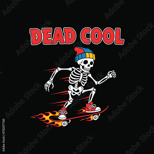 Cartoon Skeleton on Skateboard with Flames Dead Cool Design