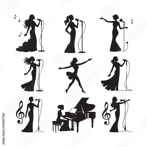 Silhouettes of women singing into microphones and playing piano with musical notes woman