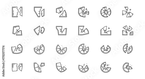 Collection of minimalistic thin line icons representing broken glass, shattered windows, and fractured surfaces, ideal for web design, graphic applications, social media banners, and digital cards