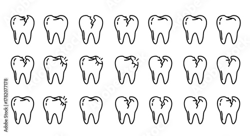 Set of 18 outline icons representing broken teeth, showcasing various types of fractures and chips, perfect for dental health awareness campaigns, medical infographics, and digital design projects