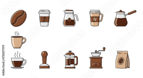 Collection of Flat Design Coffee Icons and Symbols for Web Sites, Books, Cards, and Apps, Featuring a Coffee Bean, Takeaway Cups, French Press, Grinder, Turkish Coffee Pot, and Steaming Mugs, All on