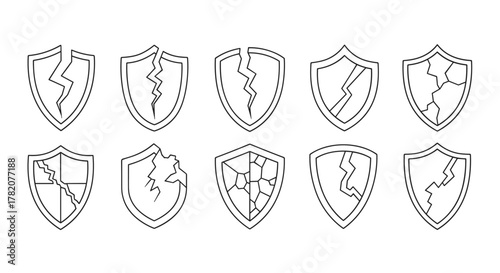 Collection of ten simple line art illustrations of cracked shields, each depicting a unique fracture pattern, presented on a clean white background, perfect for security or protection concept