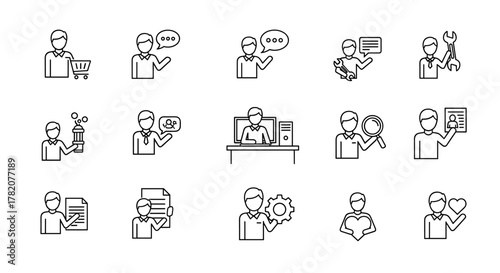 Collection of outline icons representing users engaged in various activities: shopping, communication, technical support, research, and personal expression, rendered in a clean, thin-line vector